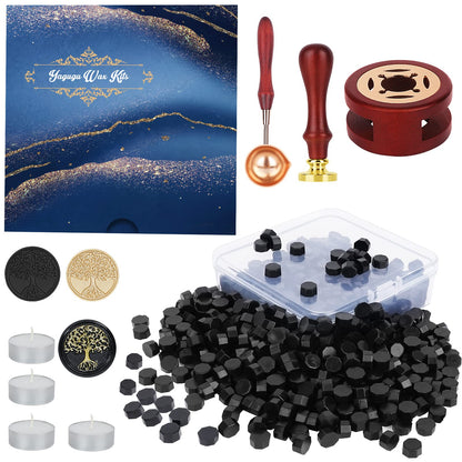 Yagugu Wax Seal Stamp Kit - 357Pc Set with Wax Beads, Stamp, Warmer, Spoon, Candles for Vintage Envelopes & Letters (Black)