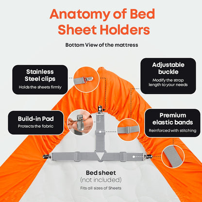 5 STARS UNITED Bed Sheet Straps Set | Adjustable Elastic Fasteners with Metal Clips | Easy to Use Sheet Holders for