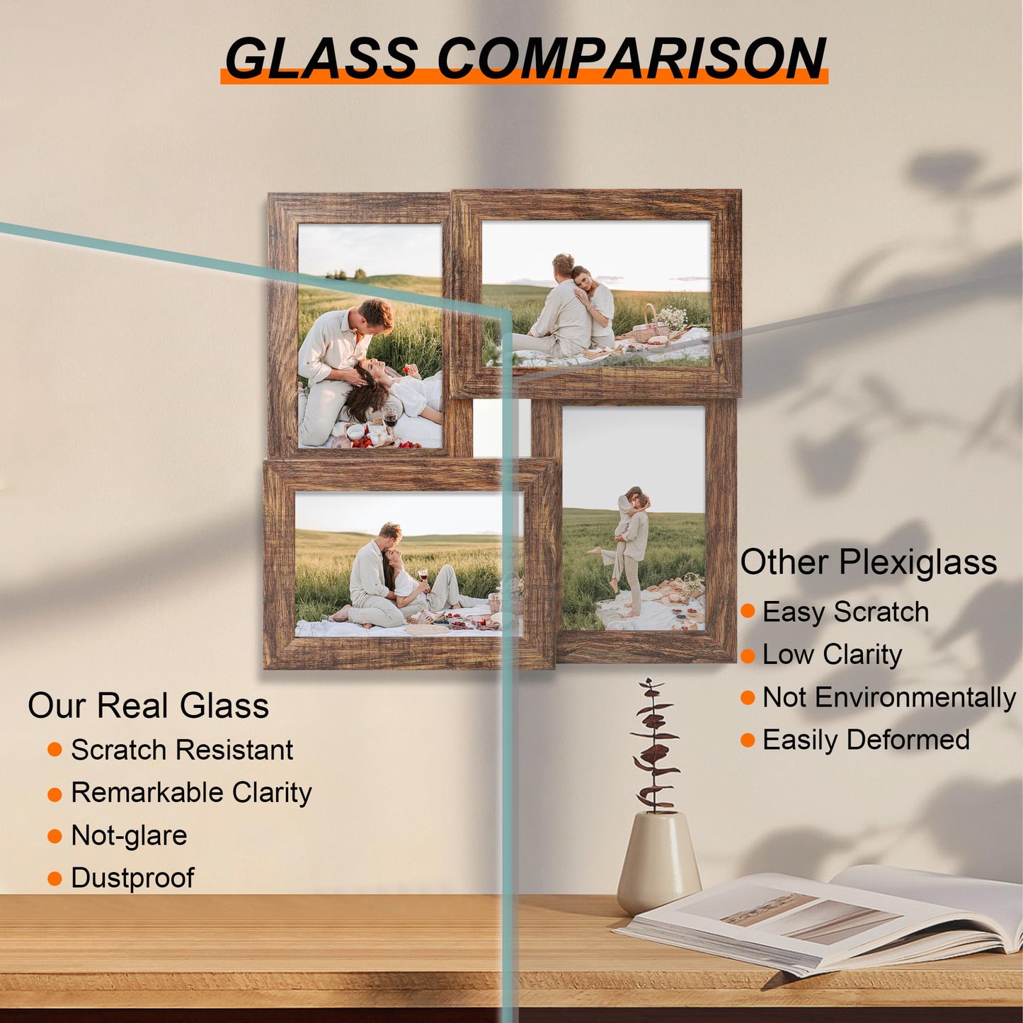 YESKAY 4x6 Collage Picture Frames, Multi Family Photo Frame with Real Glass, Displays Four 4x6 Photo, Wall Decor Wall Hanging or Tabletop, Rustic Brown