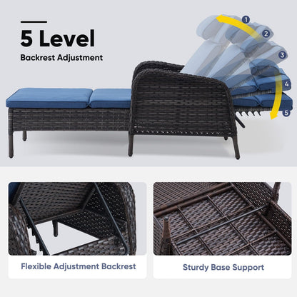 Belord Wicker Outdoor Chaise Lounge Patio Recliner - 75 Inch Adjustable Chaise Lounge with Soft Pillow Removable Cushions, All Weather Rattan Pool Lounge Chair for Poolside Deck Brown/Blue