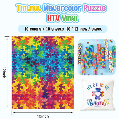Tintnut Autism Awareness Heat Transfer Vinyl - 10 Sheets 12"x10" Watercolor Puzzle Patterned Craft Cutter HTV Vinyl for DIY T-Shirts, Apparel & Craft Projects, Compatible with All Cutting Machines