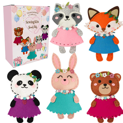 Cymbana Kid Sewing Craft Kit to Make a Friend for Beginner Felt Craft Learn to Sew, Panda Fox Bunny Raccoon Bear 5 Animals