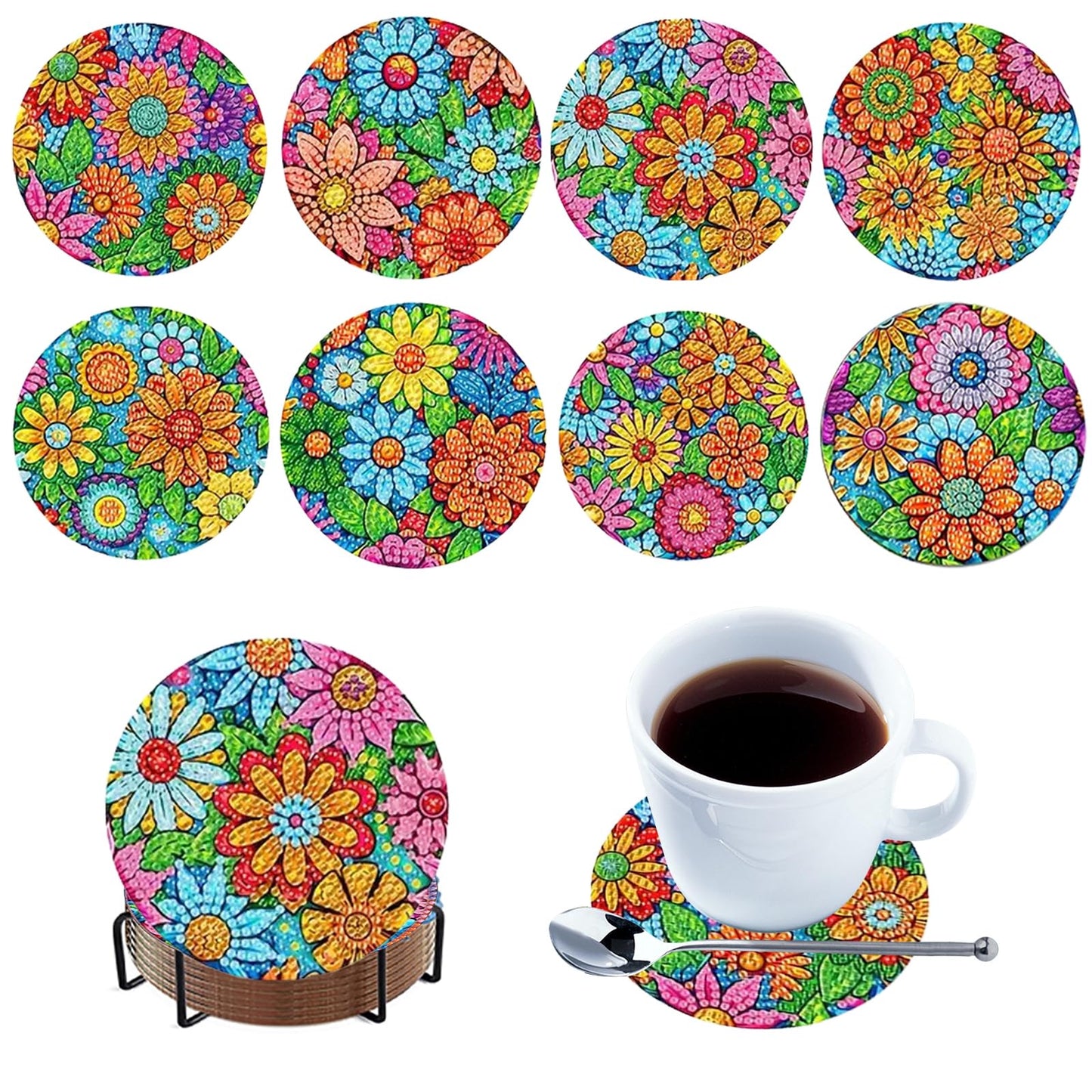C'eitura 8Pcs Pattern DIY Diamond Art Painting Coasters Kit, Abstract Geometric Wooden Drink Coasters, Modern Home Decor Art Craft for Adults, Relaxing Gift with Holder