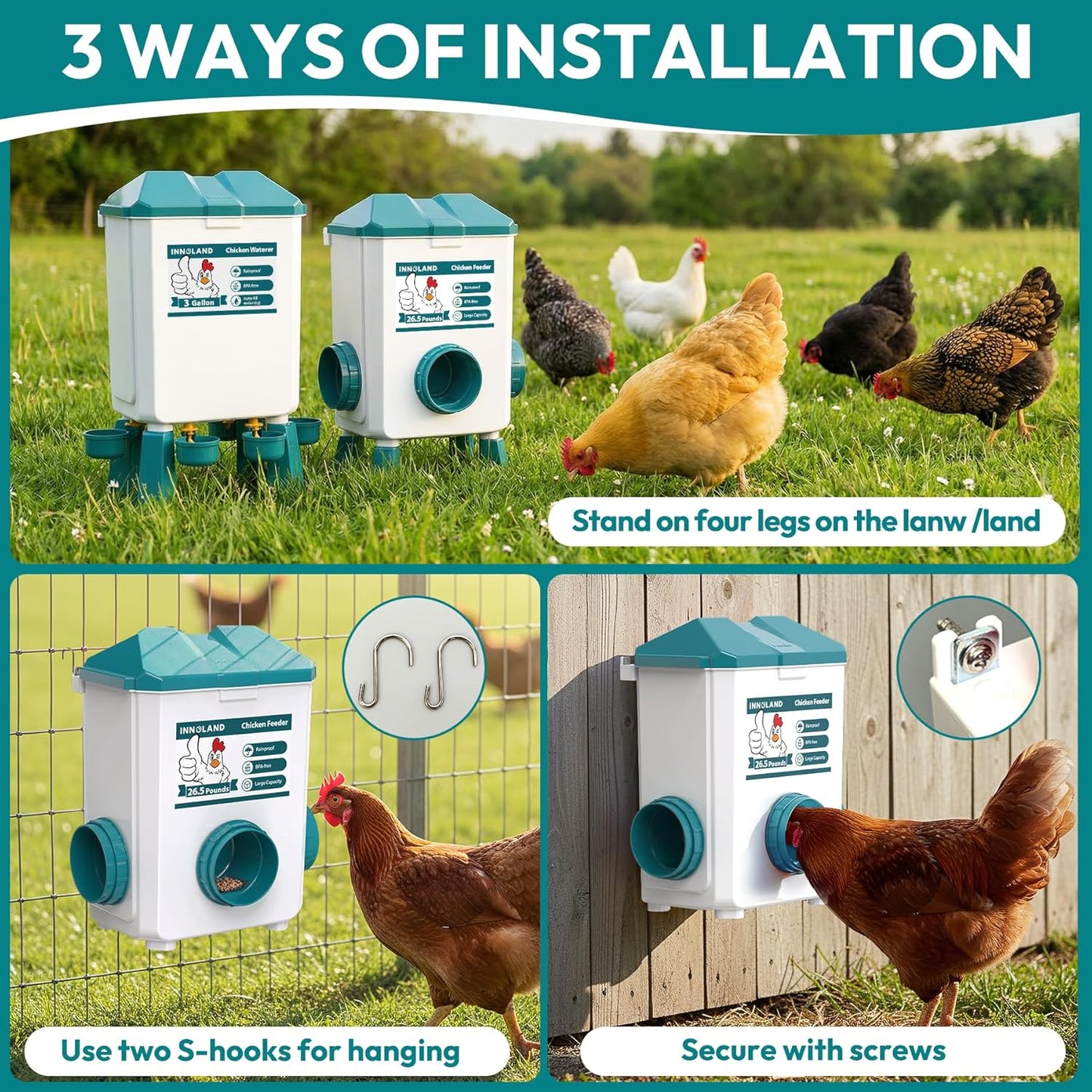 Set 3 Gallon/26.5 4 3 Chicken Feeder and Waterer - Pounds, Automatic Chicken Waterer with Cups & Feeder Ports, No Waste