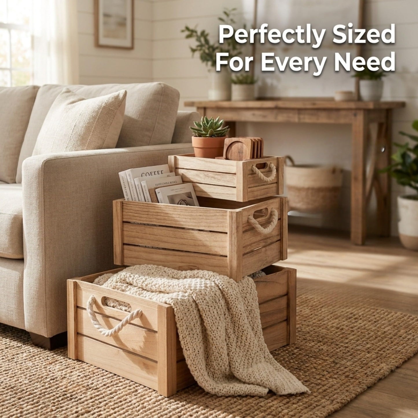 Set of 3 Rustic Nested Wooden Crates with Rope Handles - Decorative Farmhouse Storage Boxes for Kitchen, Living Room & Bathroom - Modern Wood Grain Home Organization