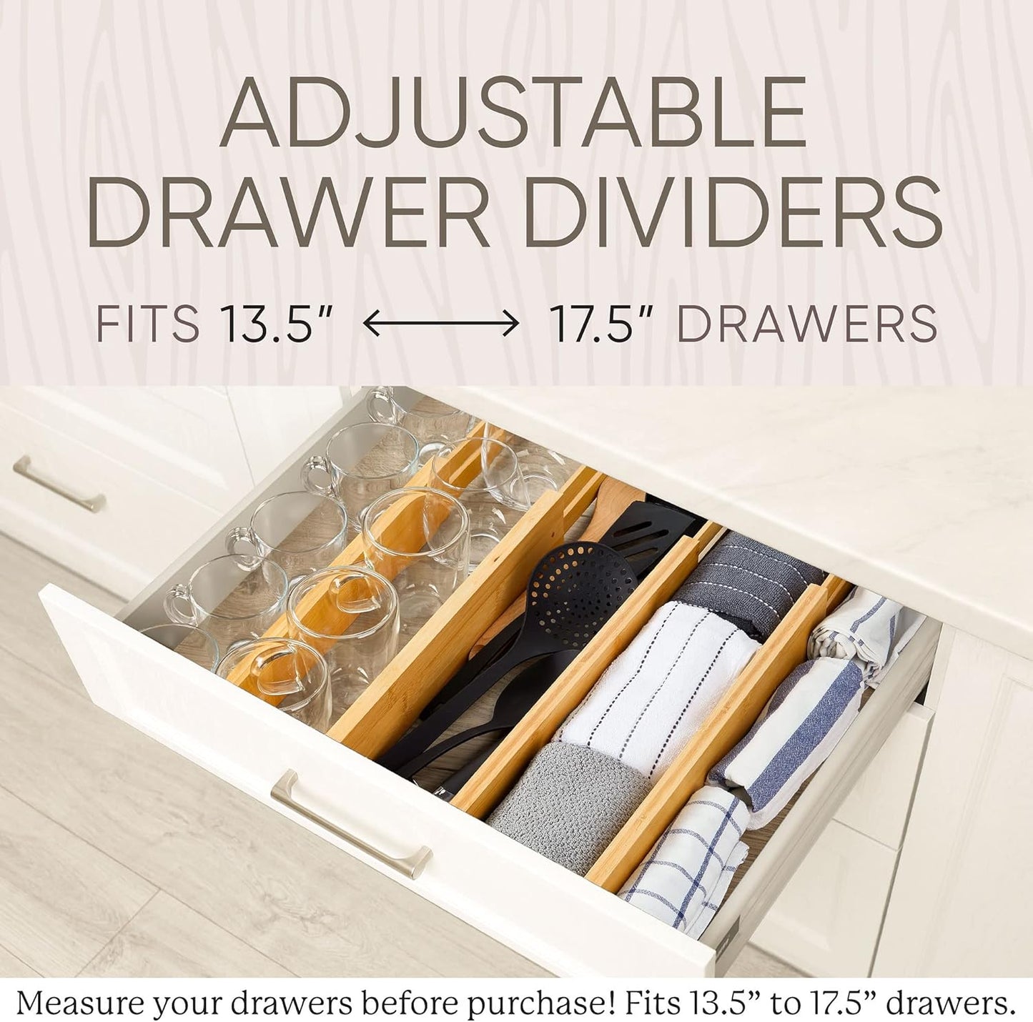 Expandable Bamboo Drawer Dividers - Wooden Organizers for Clothes, Kitchen Utensils, Bathroom, Dresser [13.5" - 17.5"]