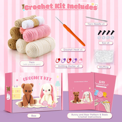 Crochet Kit for Beginners, Bunny and Bear Crochet Kit with Step-by-Step Video Tutorials, Bunny Crocheting Kit for Starter, Beginner Crochet Kit for Adult, Stuffed Animal Knitting Kit for Birthday