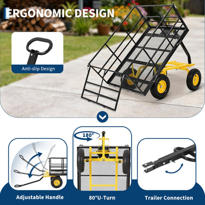 Patikuin 1500 lbs Heavy Duty Steel Garden Cart – Removable Mesh Sides – 13-Inch All-Terrain Wheels – Swivel Yellow Handlebar – Quick Dump – Folding Utility Yard Wagon for Soil, Tools, Plants – Black