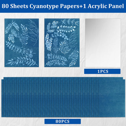 NOVWANG 80 Sheets Cyanotype Sun Print Paper, 5.8 x 8.3 Inch High Sensitivity Cyanotype Kit Sun Paper DIY Arts with 1 Sheet Acrylic Panel for Art Crafts Project