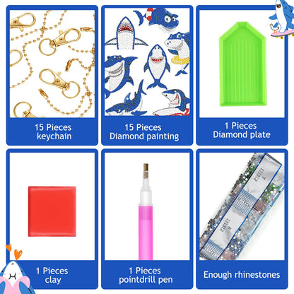 Henoyso 15 Pcs 5D Diamond Painting Keychains DIY Shark Diamond Art Keychain Kit for Kids Boys Girls Adult Mosaic Full Drill Pendant Phone Charm Bag Pendant Accessory Arts Crafts