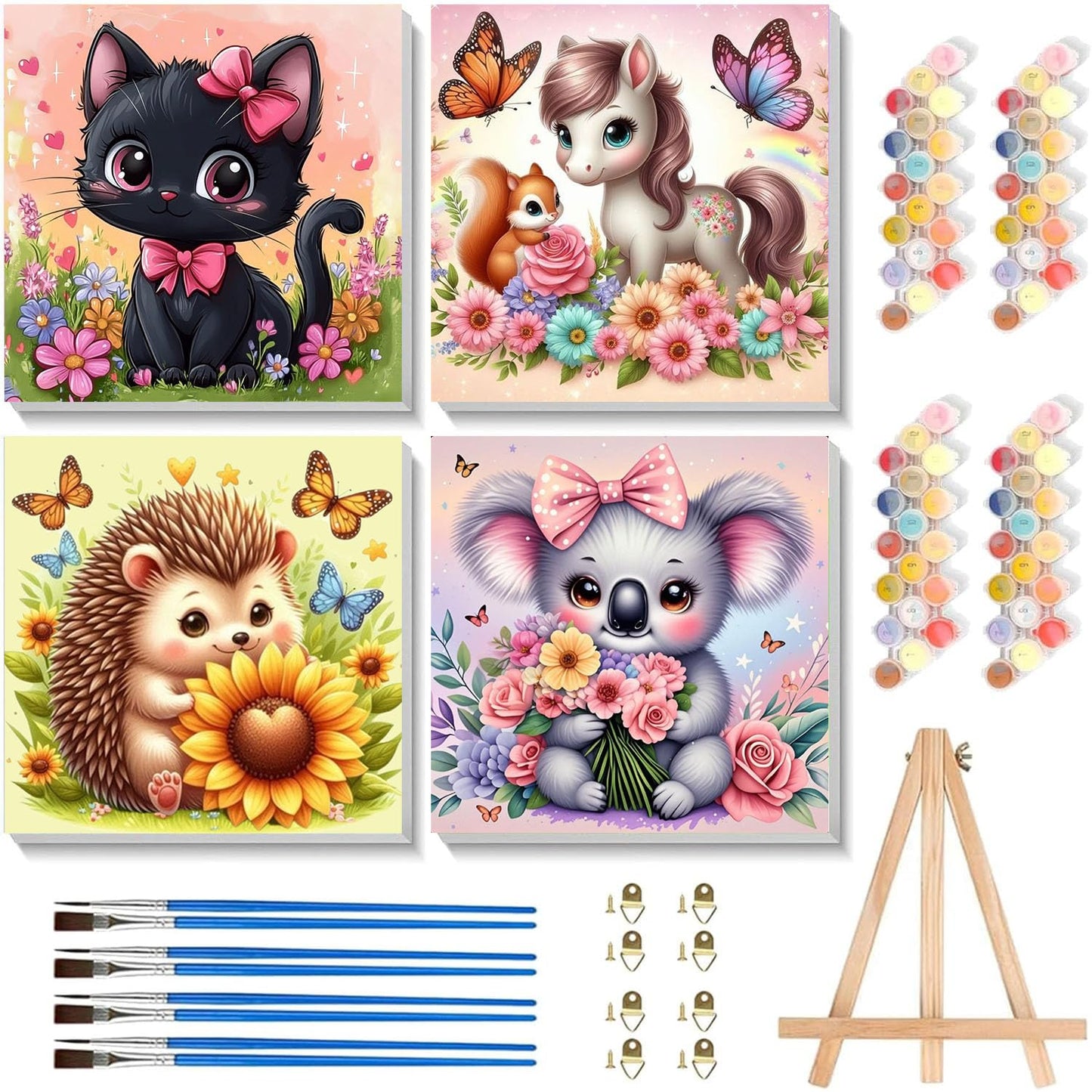 4 Pack Paint by Numbers Kit for Kids with Frame - Wooden Easel, Animal Paint by Numbers for Kids Ages 4 8 12, Easy Horse Cat Hedgehog Koala Acrylic Oil Painting Kits for Home Wall Decoration 8x8 inch