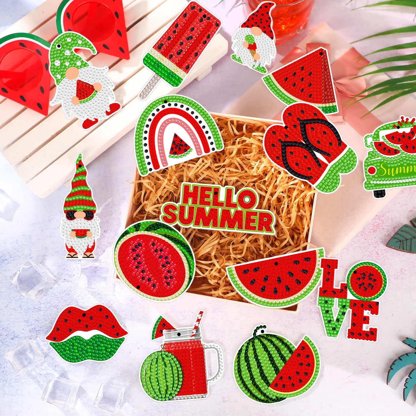 Karenhi 15 Pcs Diamond Art Keychains Summer Watermelon Painting Keychain Kit DIY Single Sided Fruit Gnome Key Ring Spring Diamond Hanging Ornament Gift Accessories for Adult Craft Bag Party Decoration
