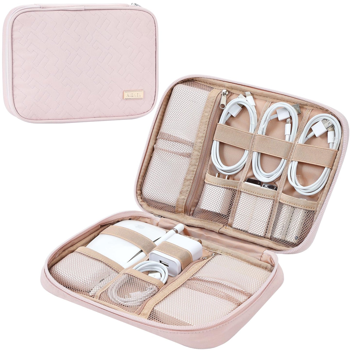 NISHEL Travel Cord Organizer Case, Tech Electronic Bag, Essentials for Charger, Cable, Phone, Hard Drive, USB, SD Card, Pink