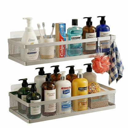 PUSDON Mesh Shower Caddy Wall Mount, Heavy Duty Adhesive Bathroom Shelf Organizer, Rustproof Floating Spice Rack for Kitchen Pantry, Holds 50 LBS, Multi-Purpose Storage Silver Gray -2 Packs (Netting)