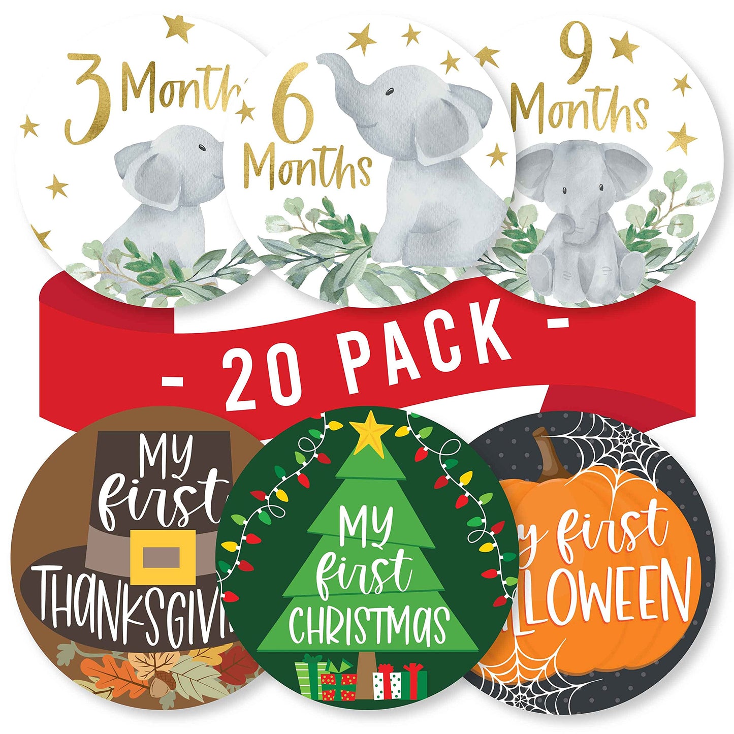 Hadley Designs 20 Monthly Baby Milestone Stickers-Elephant Baby Monthly Milestone Stickers, Newborn, Photo Props