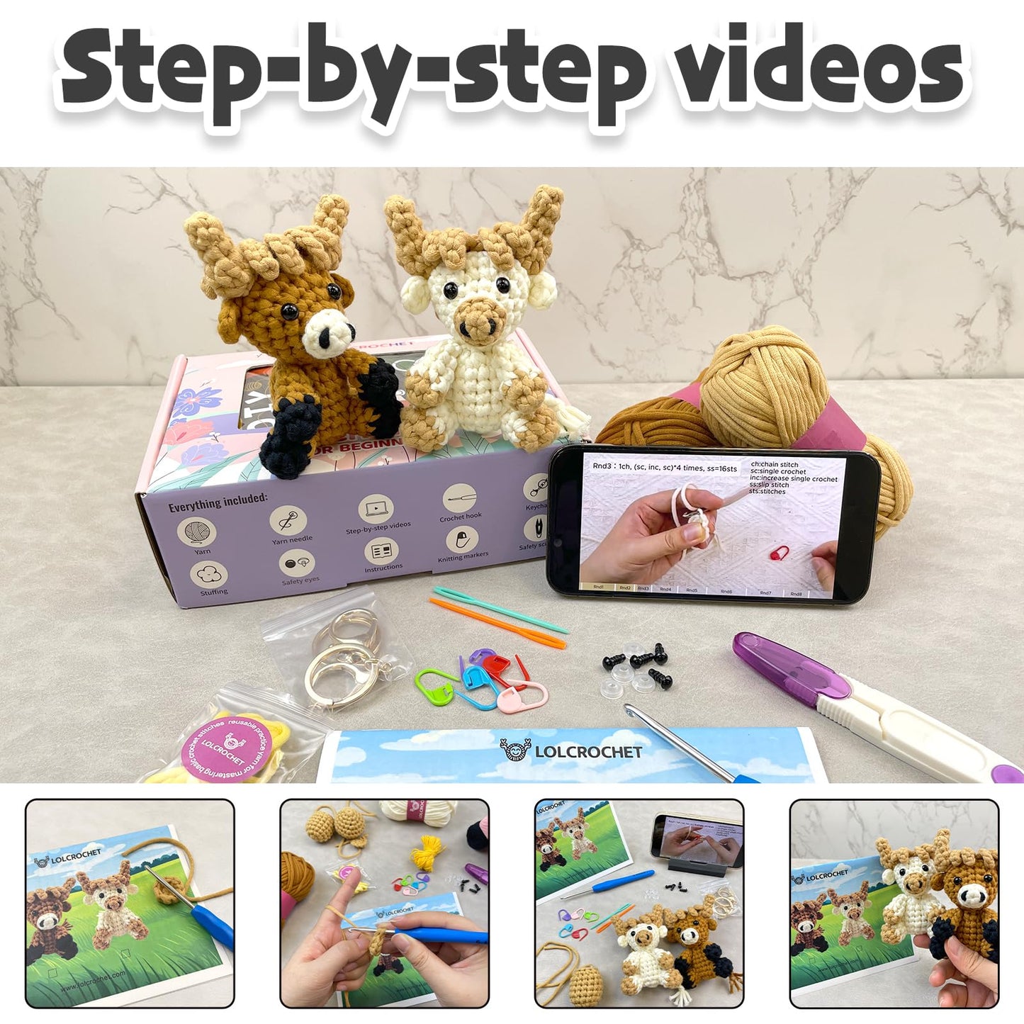 Elephant Crochet Kit for Beginners, Learn to Crochet Starter Set with Step-by-Step Video Tutorial & Crocheting Manual, Easy Yarn Knitting Project for Adult & Kid 12+, Stuffed Animal Doll for Xmas Gift
