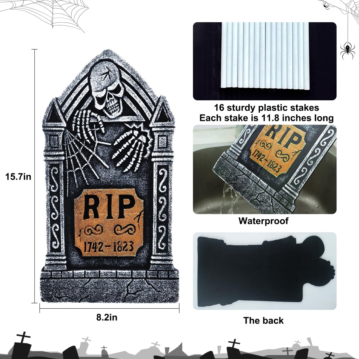 Roberly 8 Pcs Halloween Tombstones Outdoor, 16.5" Graveyard Yard Decorations for Halloween Gravestones Signs with Stakes Scary Cemetery RIP Skeleton Headstones Yard Lawn Garden Decor