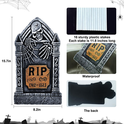 Roberly 8 Pcs Halloween Tombstones Outdoor, 16.5" Graveyard Yard Decorations for Halloween Gravestones Signs with Stakes Scary Cemetery RIP Skeleton Headstones Yard Lawn Garden Decor