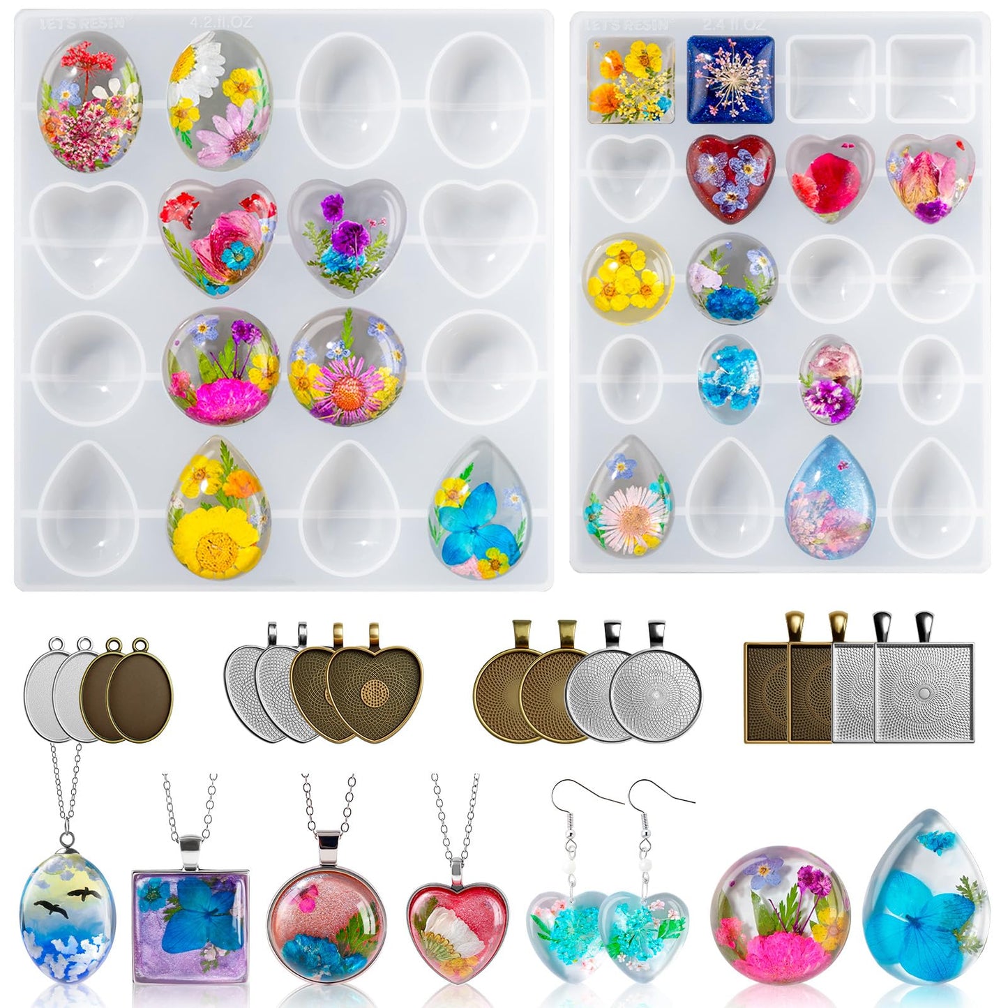 LET'S RESIN Cabochon Gems Resin Molds, 36 Cavities UV Resin Jewelry Making Kit with 16 PCS Metal Pendants Trays,Silicone Molds for Pendants,Earrings,Necklace