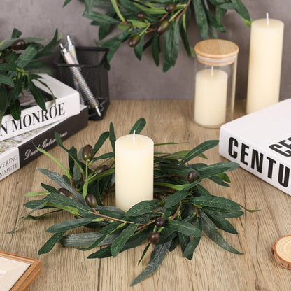 4 Pcs Artificial Green Olive Candle Rings Wreaths Greenery Wreath with Olive Leaves Spring Summer Kitchen Cabinet Wreath for Pillars Farmhouse Festival Wedding Celebrations Tabletop Decoration