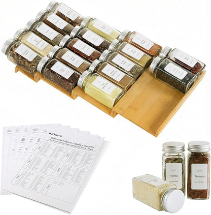 18 Jars,216 Labels,25 4 Drawers,Cabinets,Countertop,9" 15.8" Spice Drawer Organizer with Spice Non-slip Rubber, Bamboo