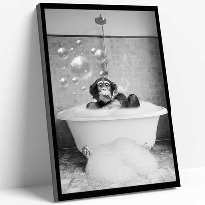 Chimpanzee Art by Framed | Fun Black and White Bathroom Canvas | Retro Animal Decor 8x10 Inches