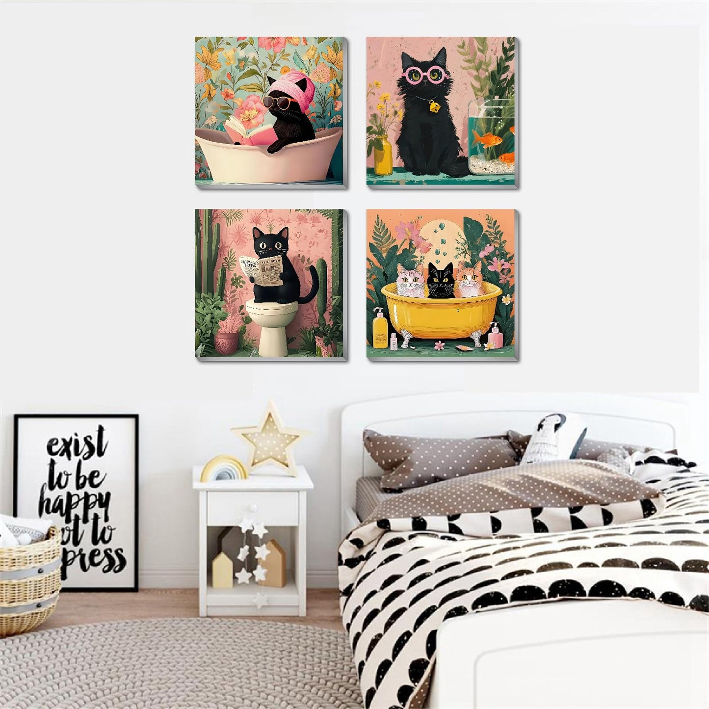 Canrichshop 4 Pack Cat Paint by Numbers for Beginner,Black Cat Adult Paint by Number Kits on Canvas Framed, DIY Number Paintings for Adults for Wall Home Decor 8X 8 inch