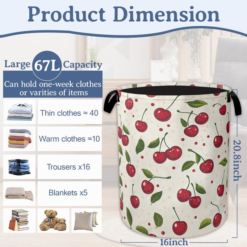 Cute Cherry Laundry Basket,Foldable Oxford Cloth Laundry Hamper With Handle, 20.8"x16" Portable Clothes Storage Basket Bag for Laundry Room/Bathroom/Bedroom/Dormitories