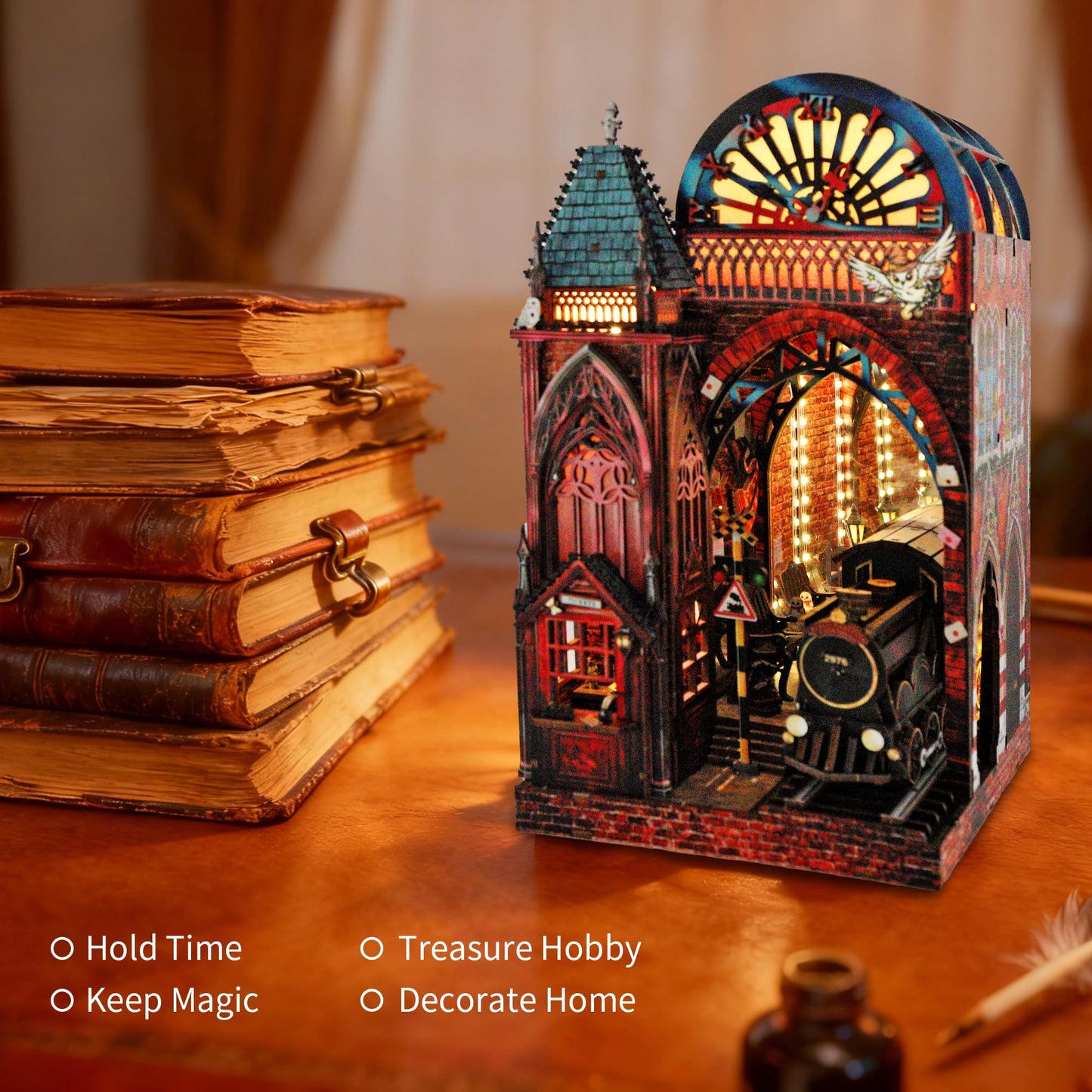 Magic Platform DIY Book Nook Kit Interactive 3D Wood Puzzle LED Magical Miniature with Infinite Mirror Extension Space DIY Bookshelf Insert Decor Gifts Miniature House Magic Express Diorama Scenery