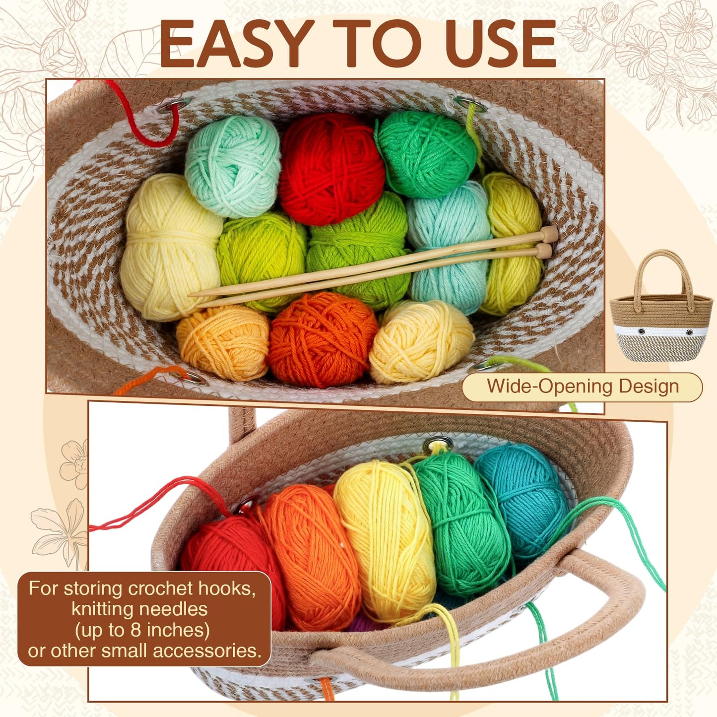 Tudomro Portable Crochet Bag Organizer, Yarn and Needles Straw Tote Basket, Knitting Storage Tote Bag with Grommets, Woven Bags Knitting Accessories for Small Projects, Gifts for Crochet Lovers