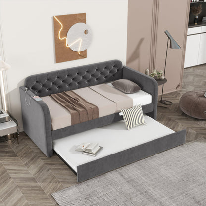 Acosure Twin Size Velvet Upholstered Daybed with Trundle and USB Charging Design,Bed Frame W/Fabric-Tufted Linen Backrest,for Bedroom,Guest Room,Apartment,Dark Grey