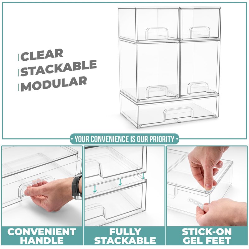 Sorbus Stackable Acrylic Storage Drawers – 2 Small + 2 Tall + 1 Wide – 5 Pack Clear Plastic Organizer Bins for Baby Bottles, Makeup, Bathroom & Vanity, Pull-Out Drawer Design for Kitchen Cabinets