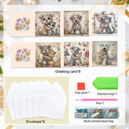6 Pcs 5D Diamond Painting Greeting Cards Kits, Handmade Festival Greeting Cards with Envelopes DIY Diamond Art Crafts Birthday Cards Laser Effect for Birthdays Holidays Celebrations (Cat Dog Cuddling)