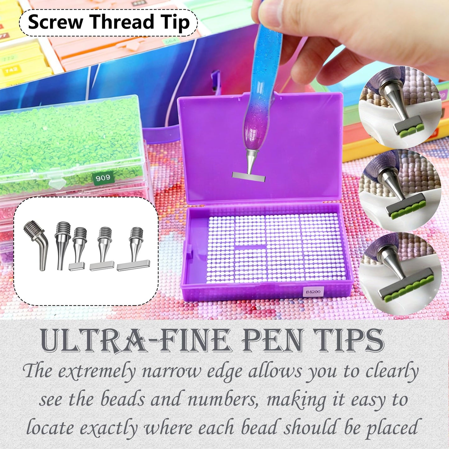 Diamond Painting Pen, with Thin Version Steel Diamond Painting Art Drilling Tips Nibs Multi-Placers, Putty Wax, Straightening Tool, Diamond Art Pen, 5D Diamond Art Accessories Tools Kit (1357-Beads)