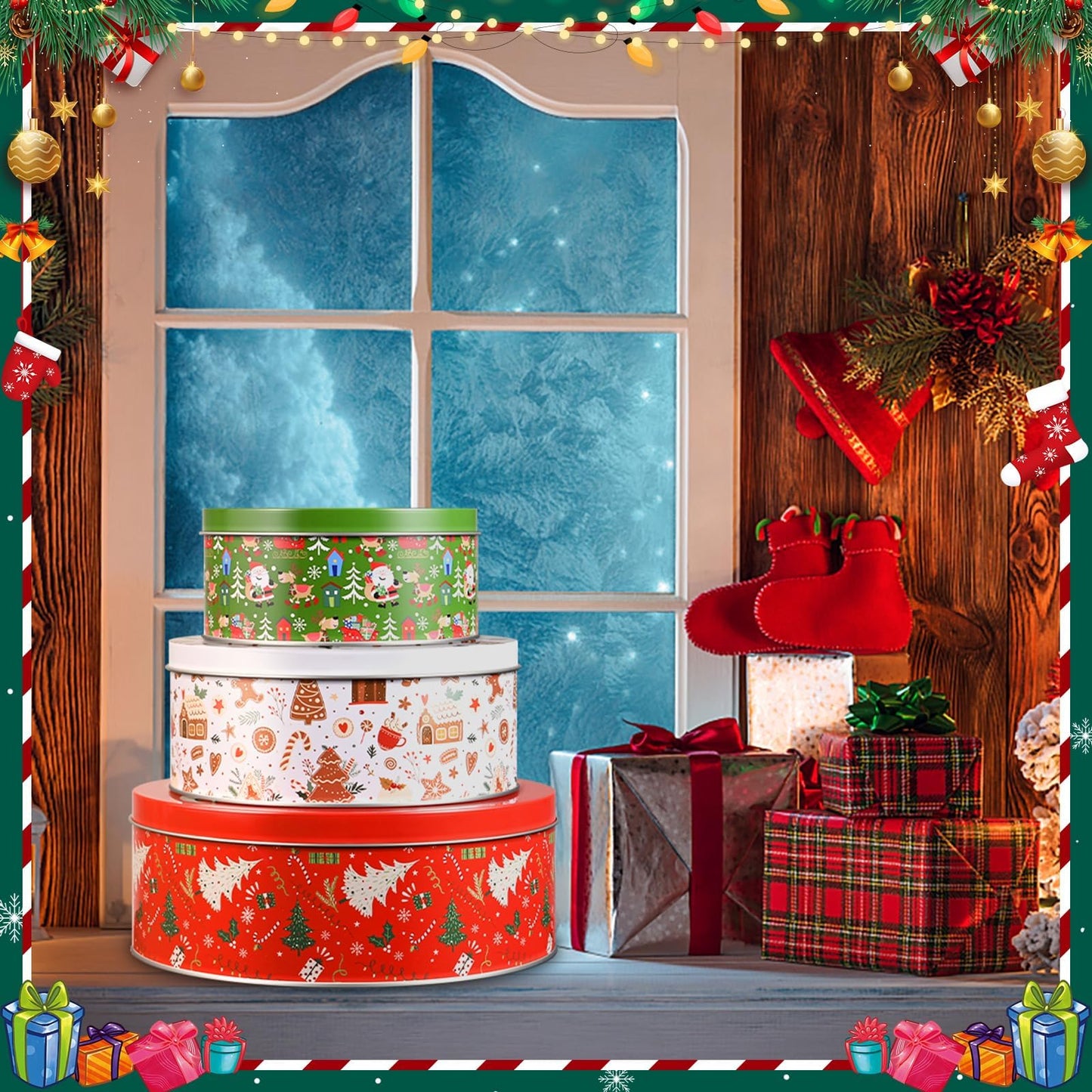 Olgaa Christmas Cookie Tins with Lids Set of 3 Gingerbread Man Cookie Storage Containers Airtight Round Jars for Gift Giving Holiday Treats Baking Cake Container