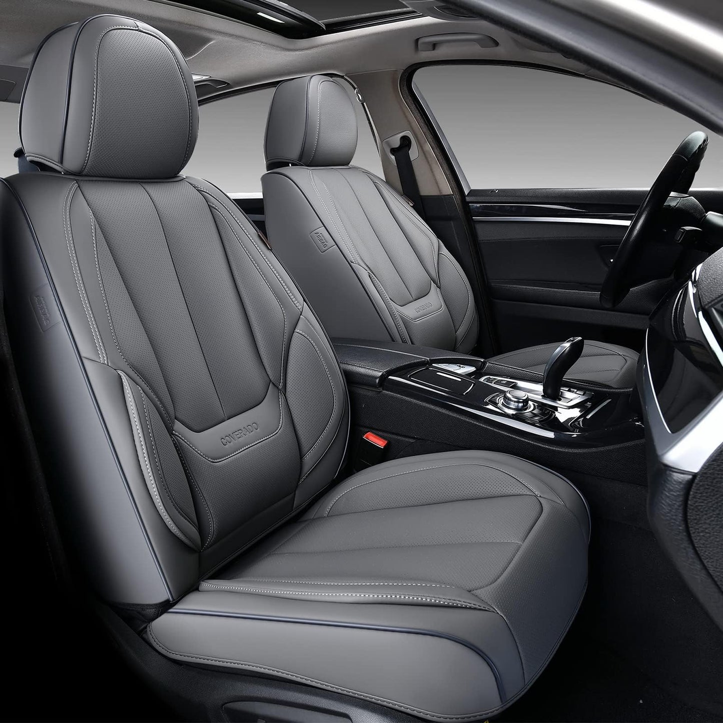 Coverado Car Seat Covers Full Set, Seat Covers for Cars, Gray Car Seat Protector Waterproof, Nappa Leather Car Seat Cushion, Car Seat Covers Front Seats and Back Fit for Most Cars