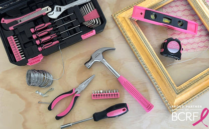 Apollo Tools 39 Piece General Household Tool Set in Toolbox Storage Case with Essential Hand Tools for Everyday Home Repairs, DIY and Crafts - Pink Ribbon - Pink - DT9711P