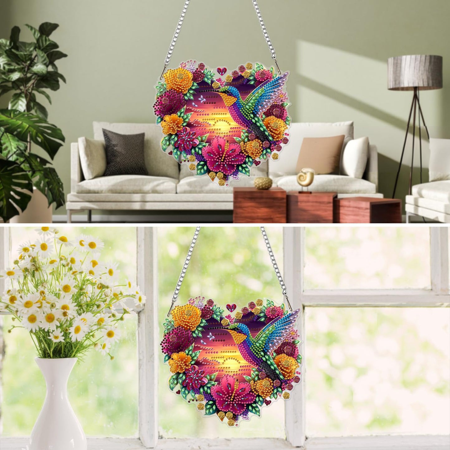 MXJSUA Flowers Hummingbird Diamond Art Hanging Kits for Adults Beginners, Crystal Diamond Suncatchers, Special Shape Diamond Painting Pendant Window Ornament Gifts for Home Garden Door Wall Decor