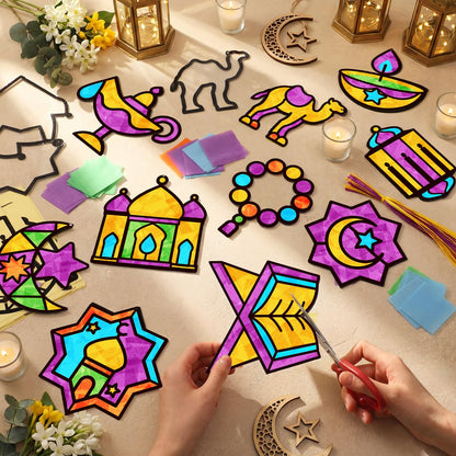 Eersida 32 Pcs Eid Suncatcher Craft Kit for Adults, Ramadan Mubarak Ornaments DIY Stained Glass Effect Paper Window Crafts for Islamic Creative Party Favors Art Projects