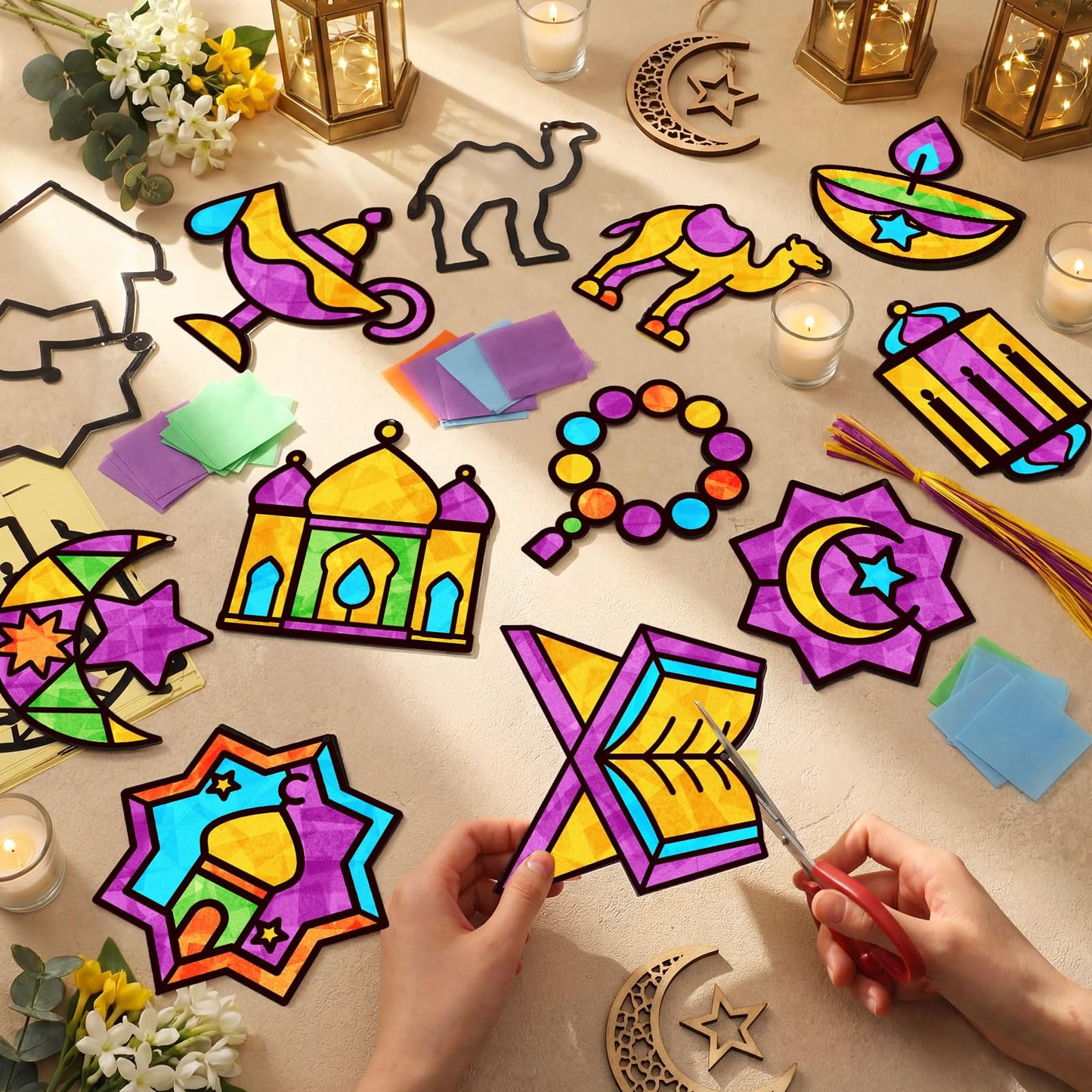 Eersida 32 Pcs Eid Suncatcher Craft Kit for Adults, Ramadan Mubarak Ornaments DIY Stained Glass Effect Paper Window Crafts for Islamic Creative Party Favors Art Projects