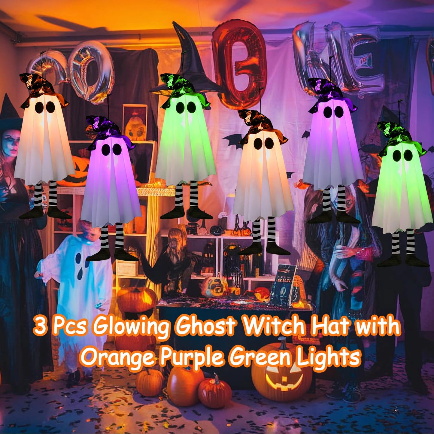 3 Pack Halloween Hanging Ghosts Halloween Decorations Outdoor, Lighted Glowing Ghost Witch Hat with Orange Purple Green Lights, Ghost Scary Outside Decor for Party Home Yard Tree Garden