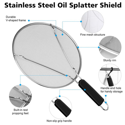 Splatter Screen for Frying Pan - 9.8" 11.4" 13" Stainless Steel Fine Mesh Grease Splatter Guard with Silicone Handle, Hot Oil Splash Guard for Cooking to Prevent Oil Splatter, Safe Cooking