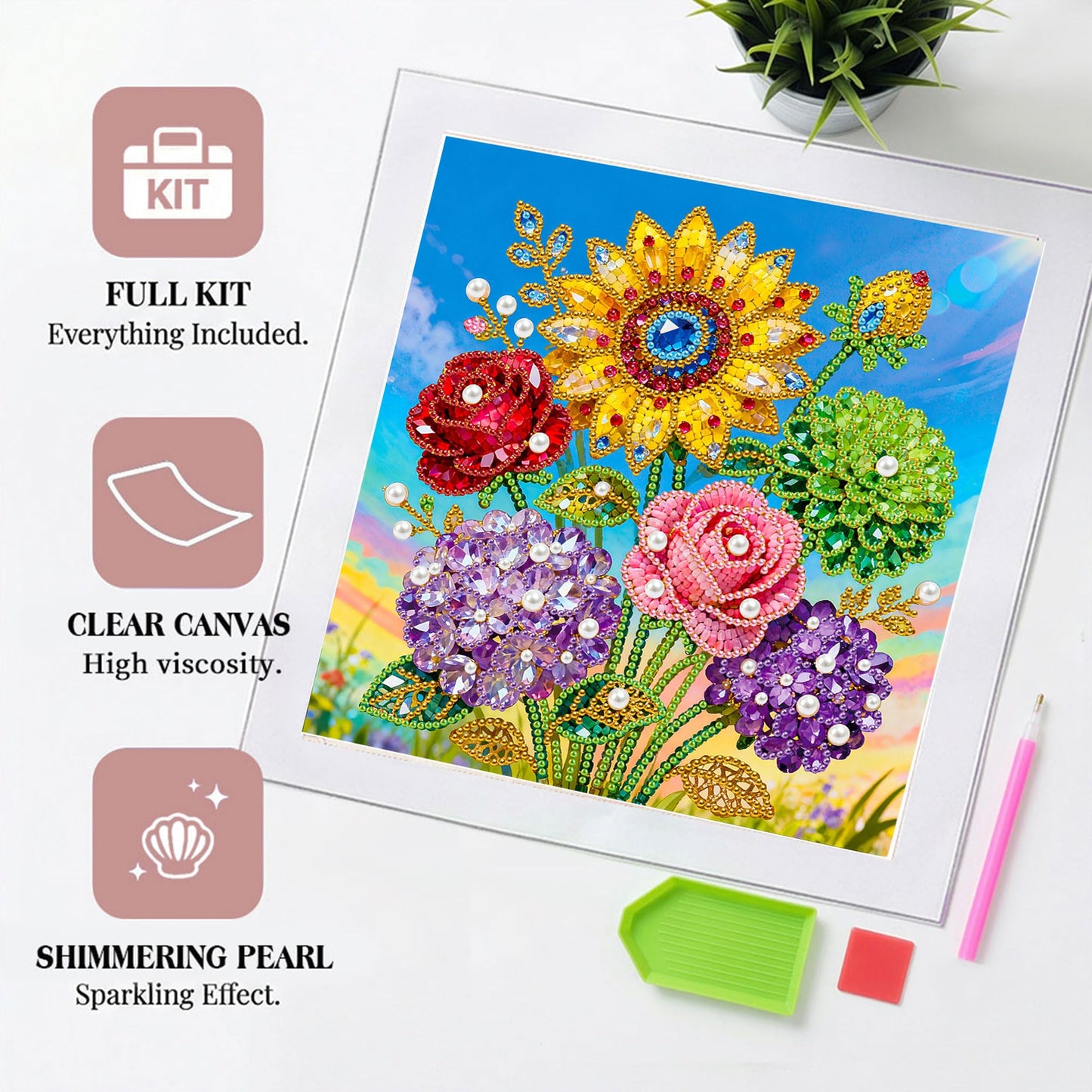 Huacan DIY 3D Pearl Painting Kit - Floral Pearl Art Craft Kit Pearl Painting with Frame for Home Wall Decor 9.8 * 9.8 Inch for Adults and Beginners
