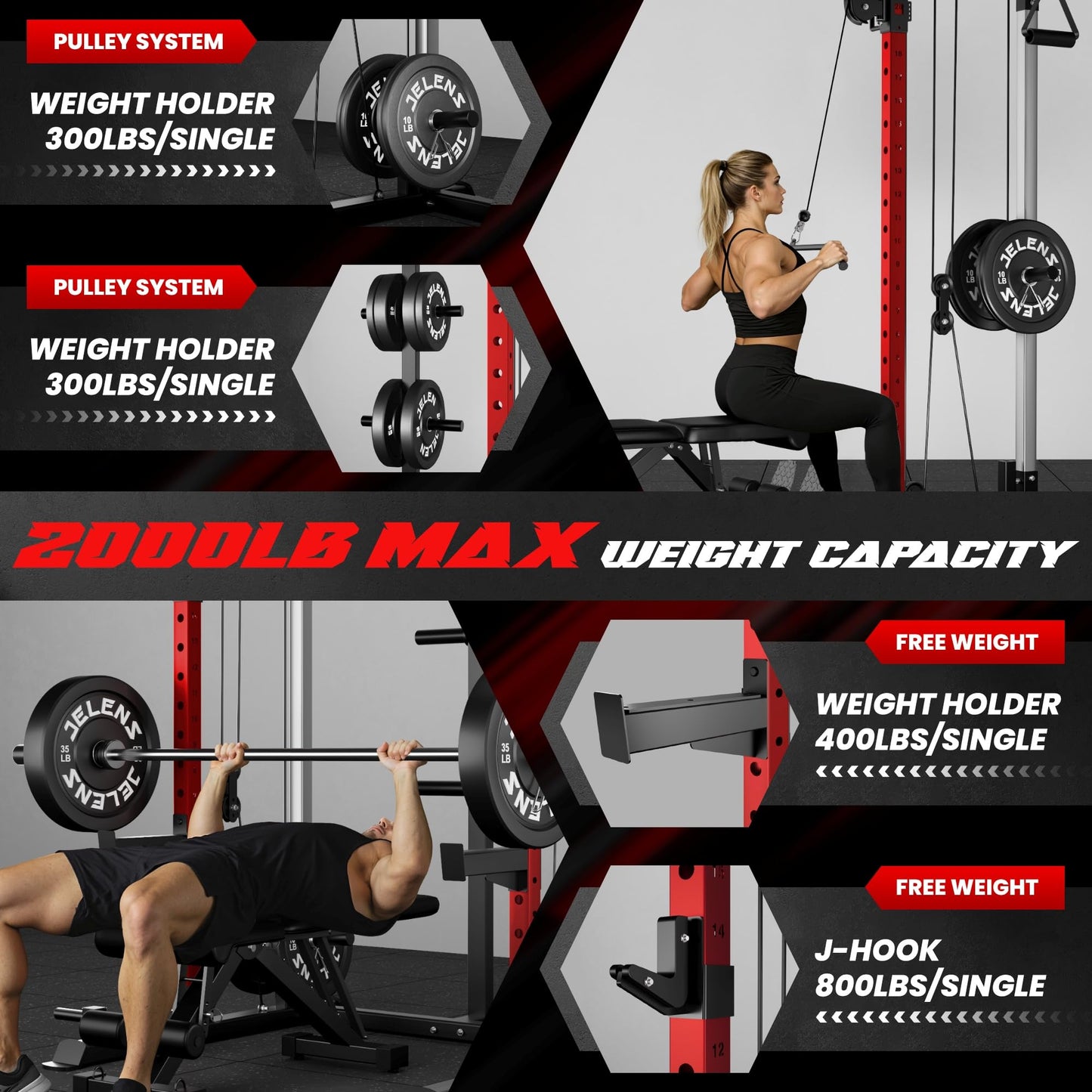 JELENS C21 Power Cage, 2000LBS Multi-Function Power Rack with Independent Dual Pulley System, All-in-One Squat Rack for Cable Crossover, Home Gym Workout Machine (Red, 370lbs Color)