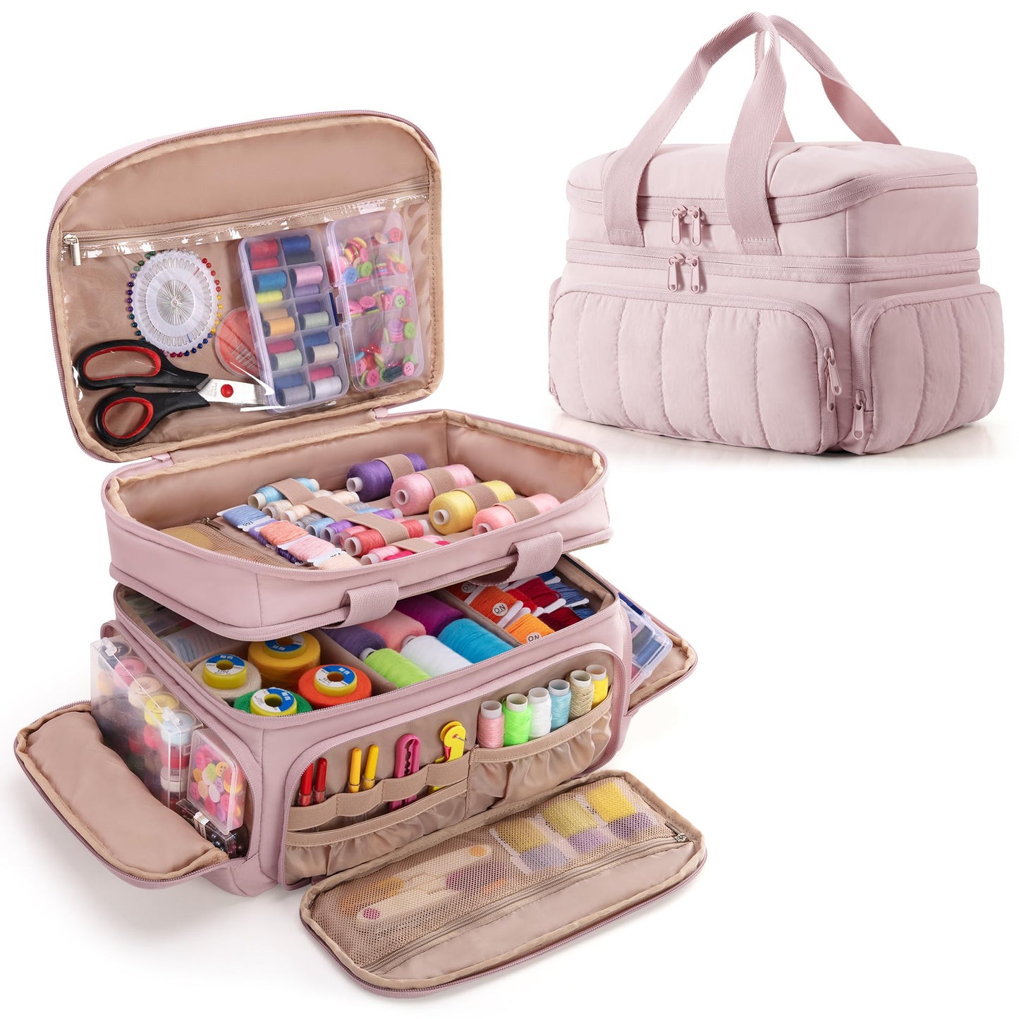 Marscamd Puffer Sewing Organizer Bag, Large Capacity with Multiple Pockets and Detachable Dividers, Storage Box for Threads, Needles, Scissors, Craft Supplies, Pink (Bag ONLY, NO Supplies)