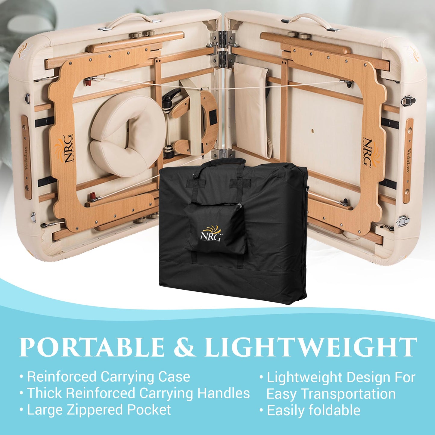 NRG Vedalux Portable Massage Table Package | Vanilla Cream | Folding Lightweight Massage Bed | Professional Spa Table with Face Cradle, Hanging Armrest & Carrying Case