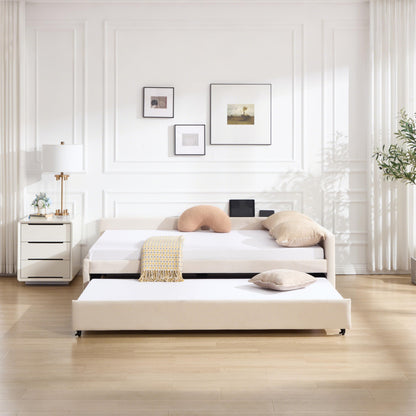DNYN L-Shaped Corner Daybed with Pull-Out Trundle and Dual USB Ports for Bedroom/Guest Room, Velvet Bed Frame w/Wooden Slats Support and LED, Space-Saving & No Box Spring Needed, Beige