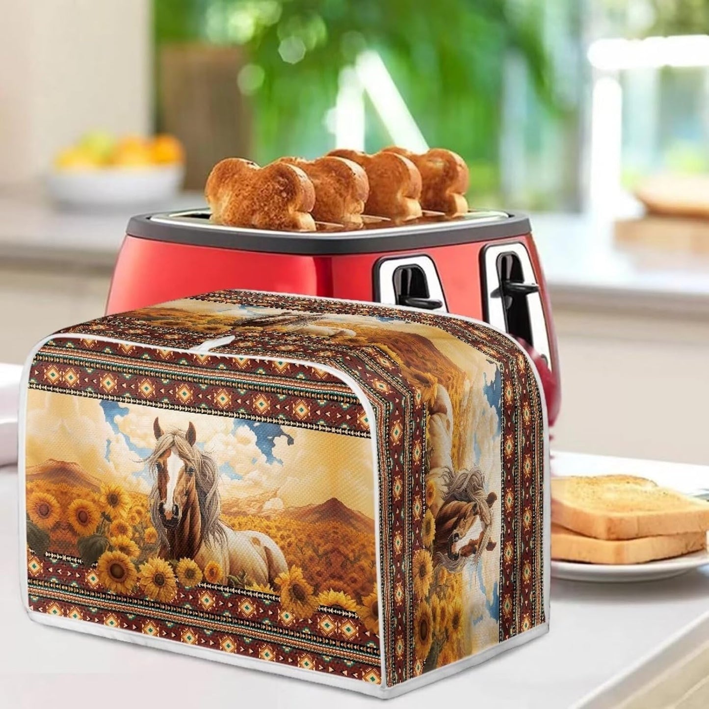 Aztec Horse Bread Toaster Cover 2 Slice, Sunflower Washable Dustproof Cover, Small Decorative Toaster Cover
