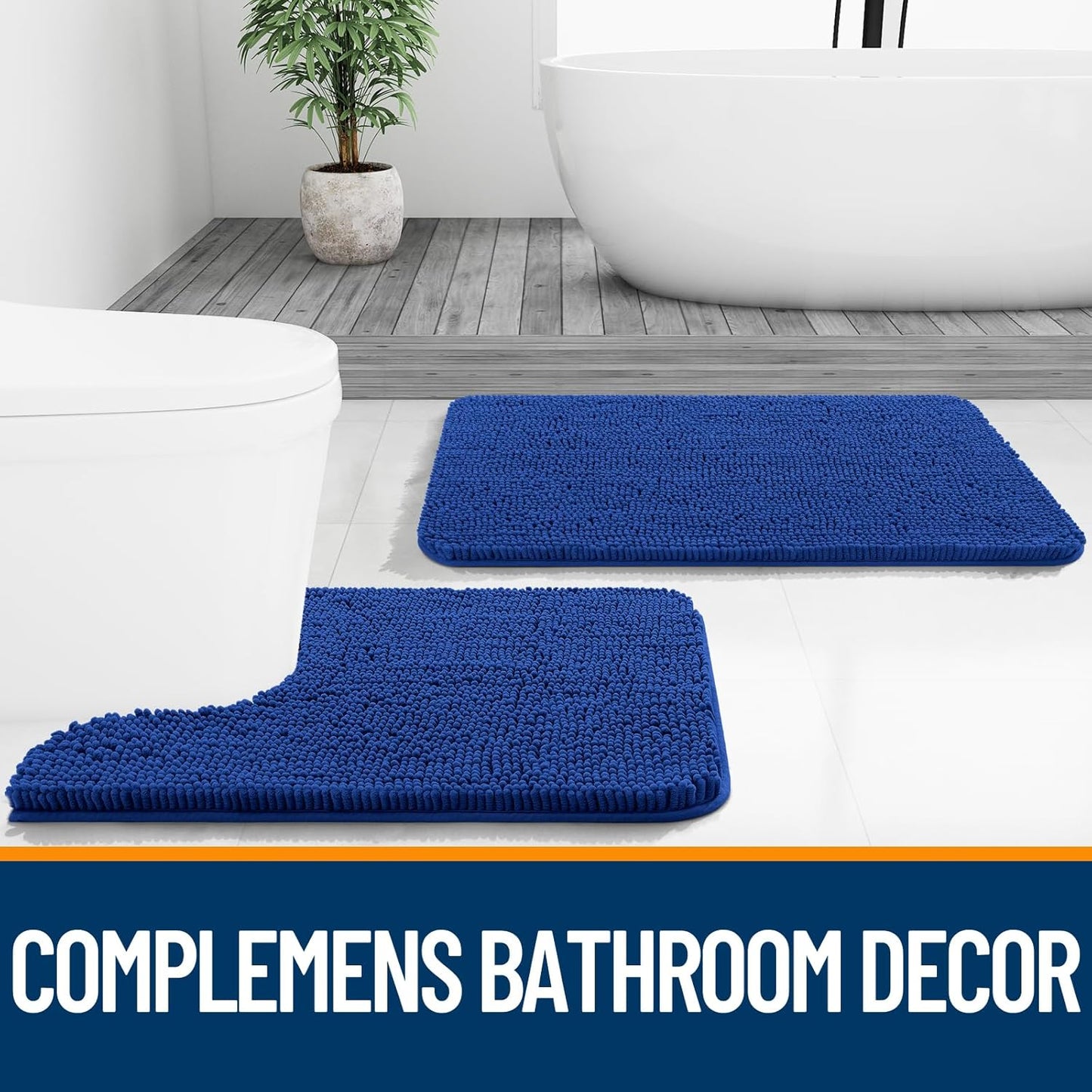 OLANLY U-Shaped Toilet Rug - Extra Soft, Absorbent Chenille Bath Mat | 24x20, Royal Blue, Machine Washable