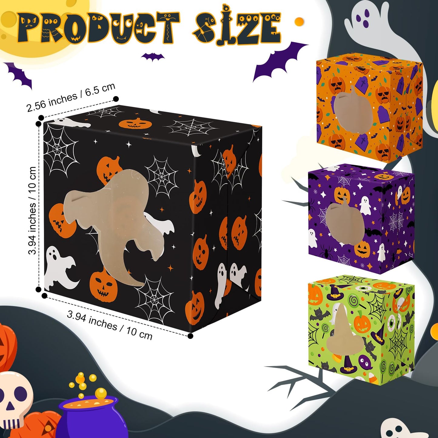 LemonRoad 48 Pcs Halloween Cookie Boxes with Window Pumpkin Witch Ghosts Spider Paper Treat Boxes for Cookies Candy or Small Cupcake Wrapping in Halloween Party Supplies